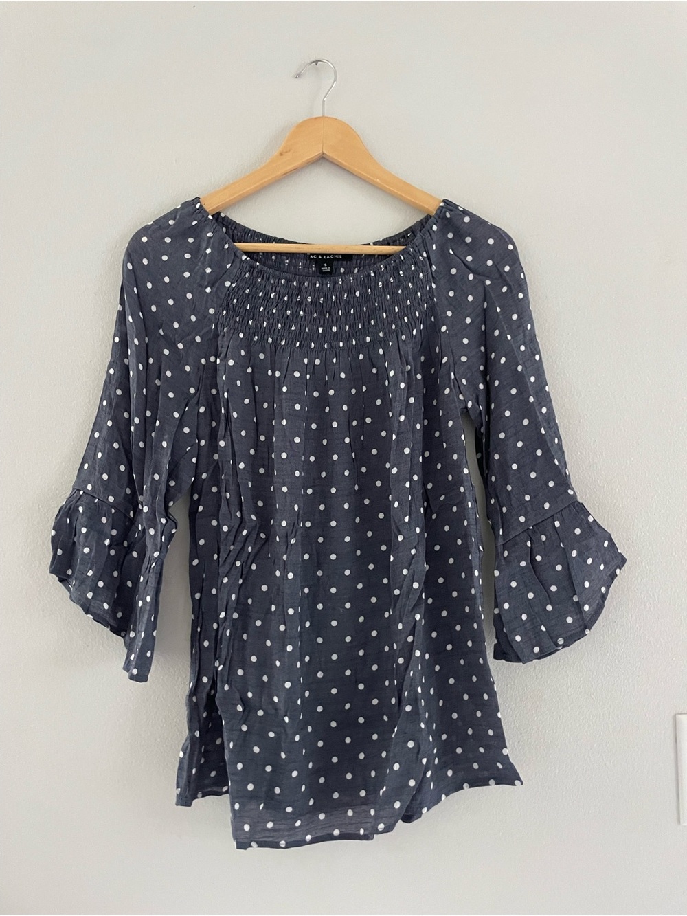 Zac & Rachel Blue/Grey Polka Dot Smocked Neck Blouse